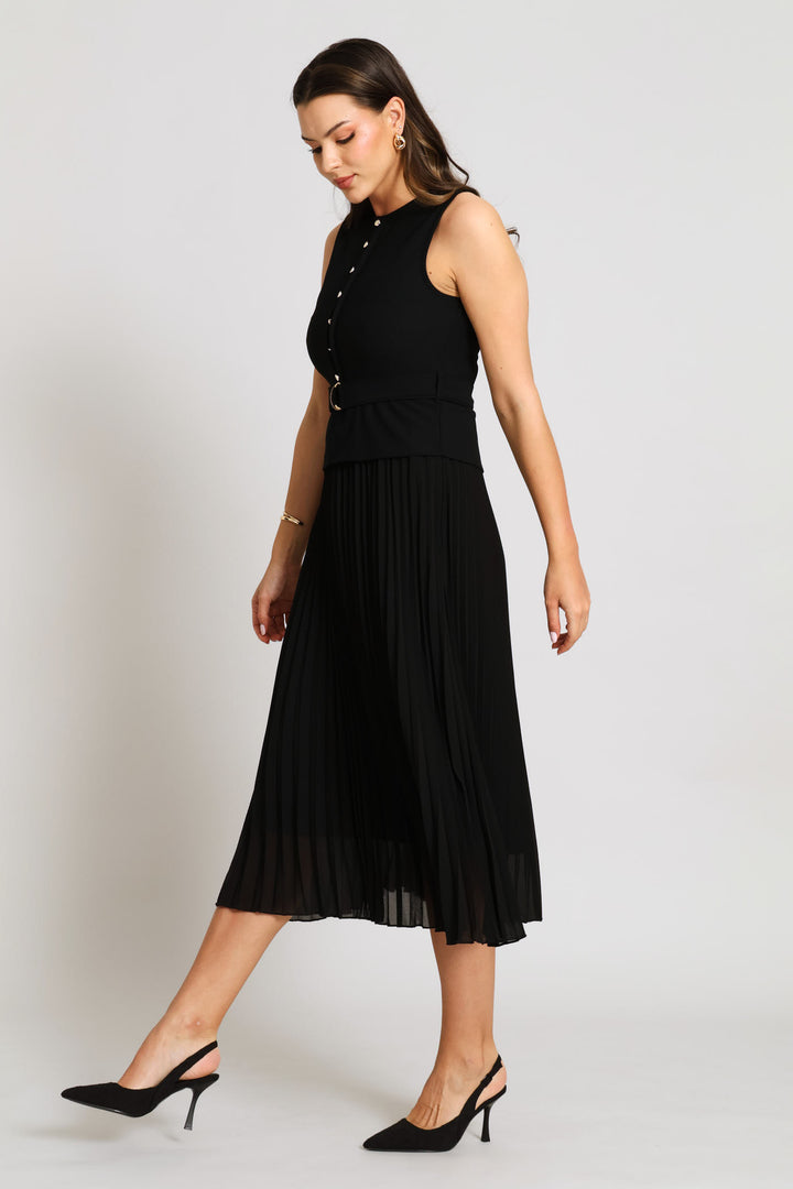 Pleated Knitwear Combo Maxi Dress - Black
