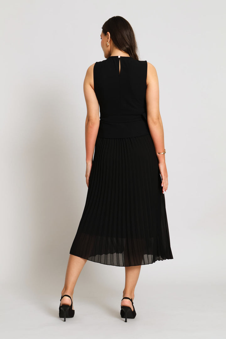 Pleated Knitwear Combo Maxi Dress - Black