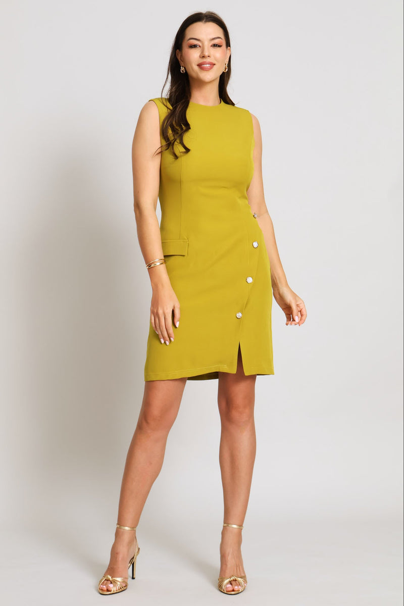 Notch Hem Button Work Dress - Chartreuse