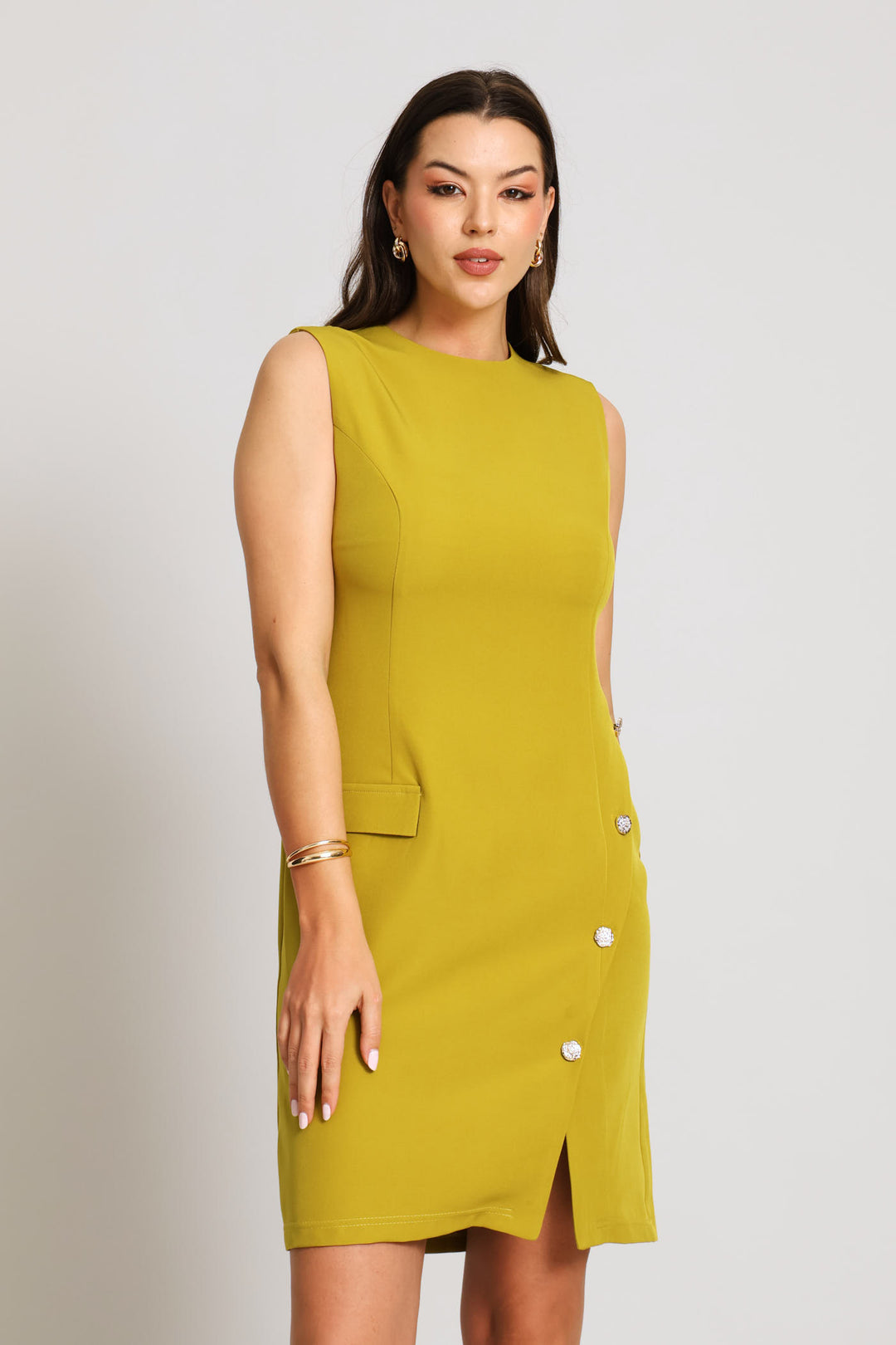 Notch Hem Button Work Dress - Chartreuse