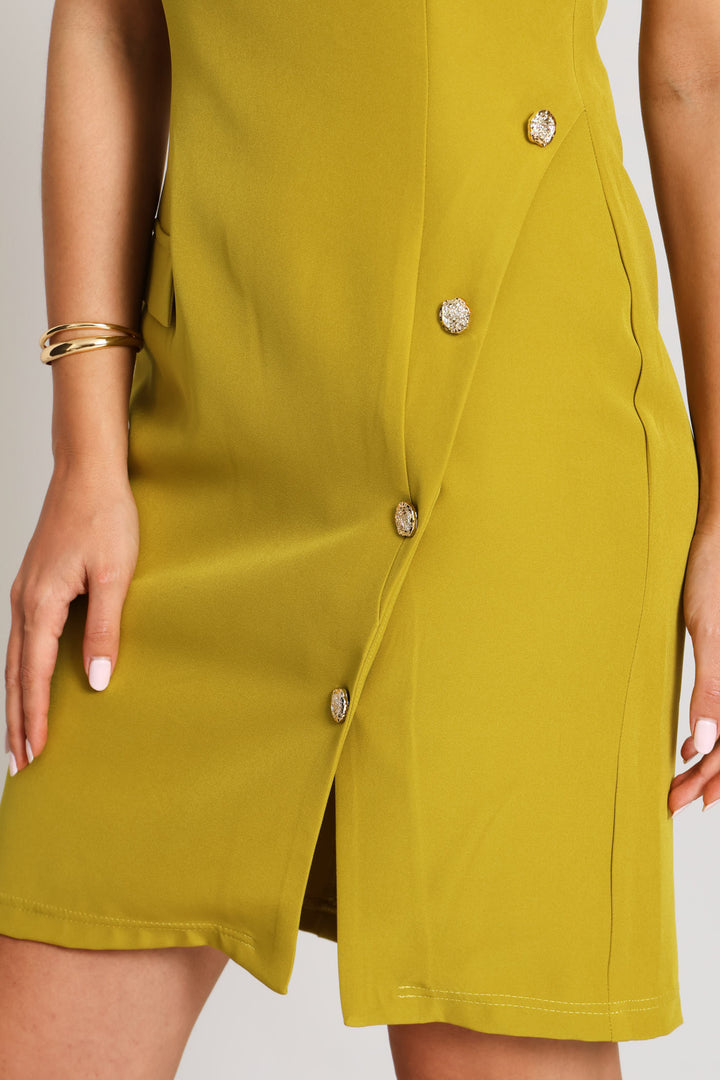Notch Hem Button Work Dress - Chartreuse