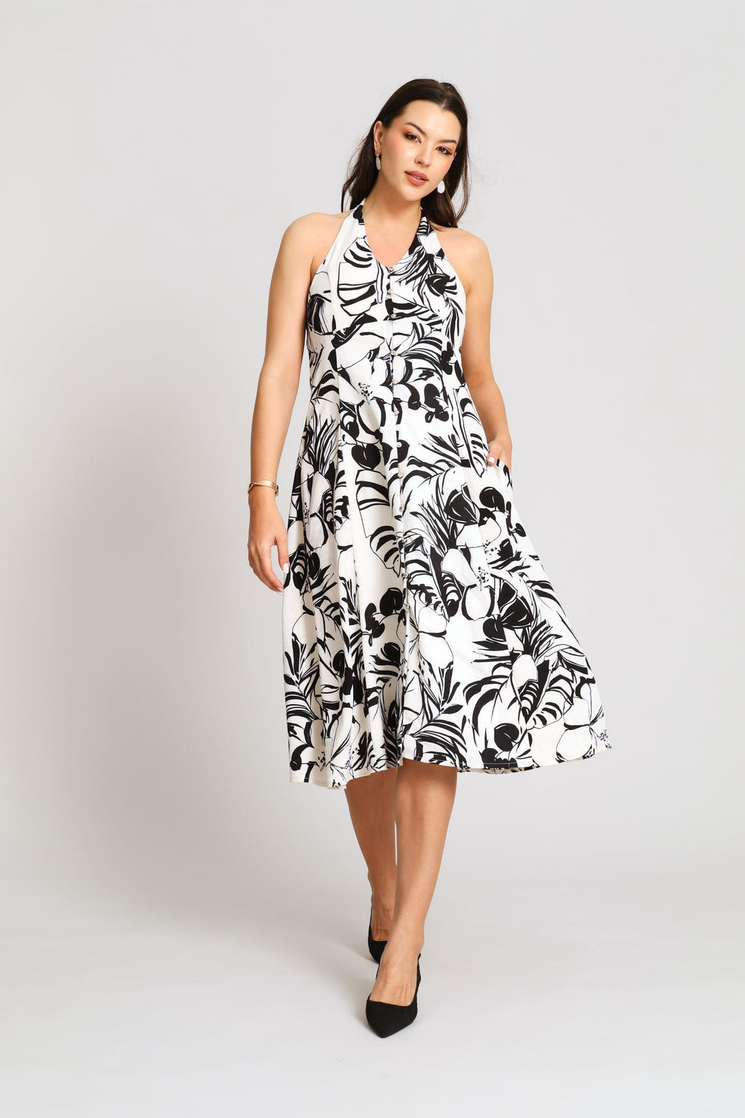 Halter Button Through Floral Midi Dress - Black/Cream