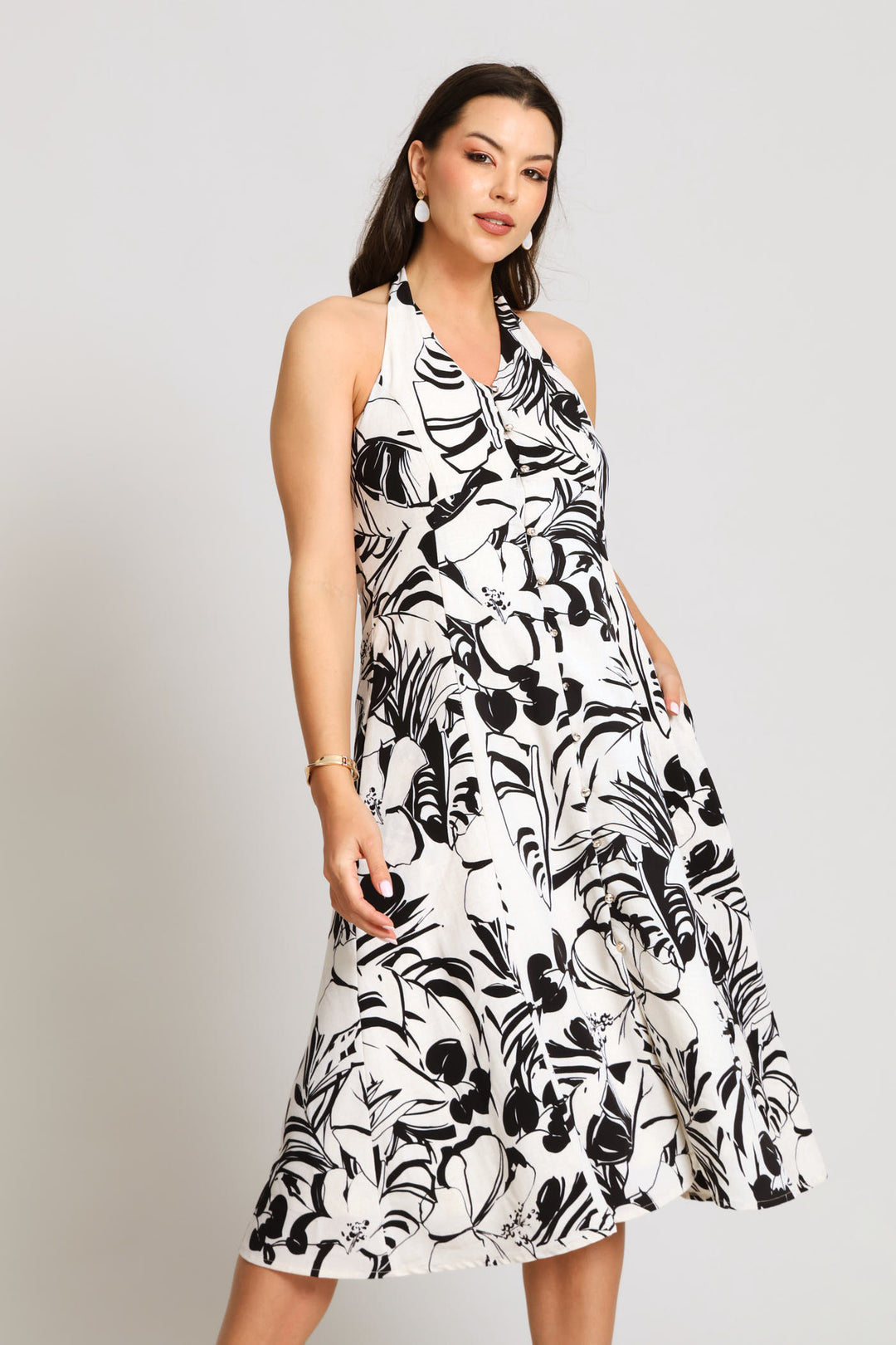 Halter Button Through Floral Midi Dress - Black/Cream