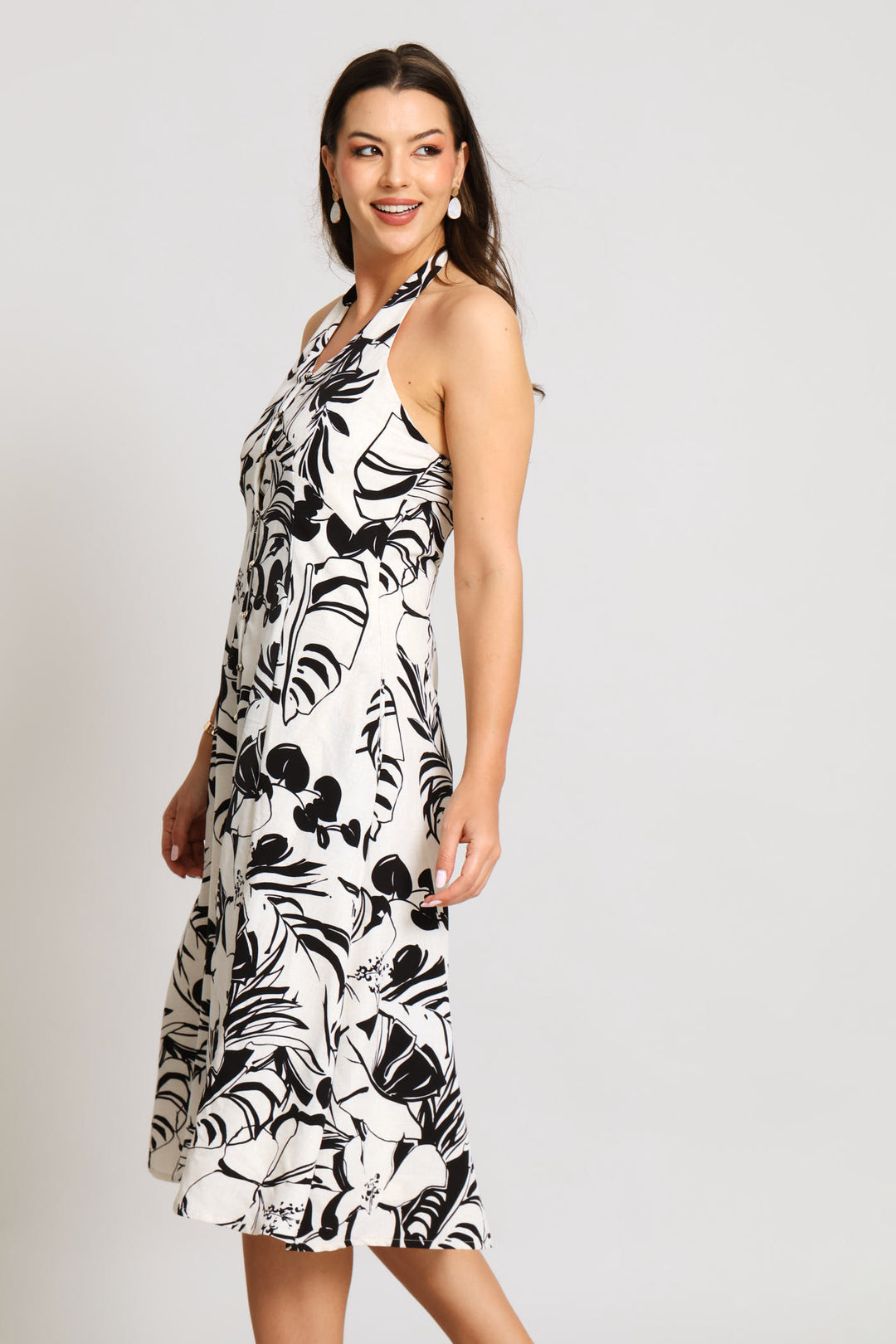 Halter Button Through Floral Midi Dress - Black/Cream