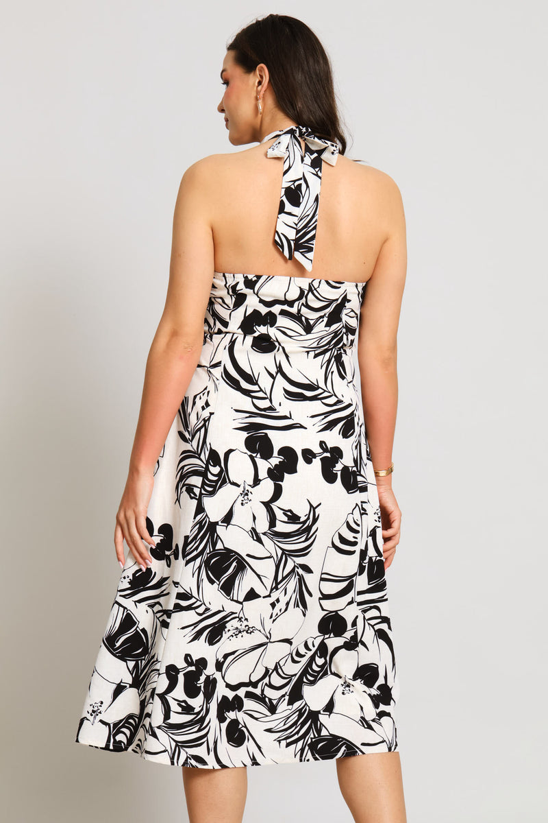 Halter Button Through Floral Midi Dress - Black/Cream