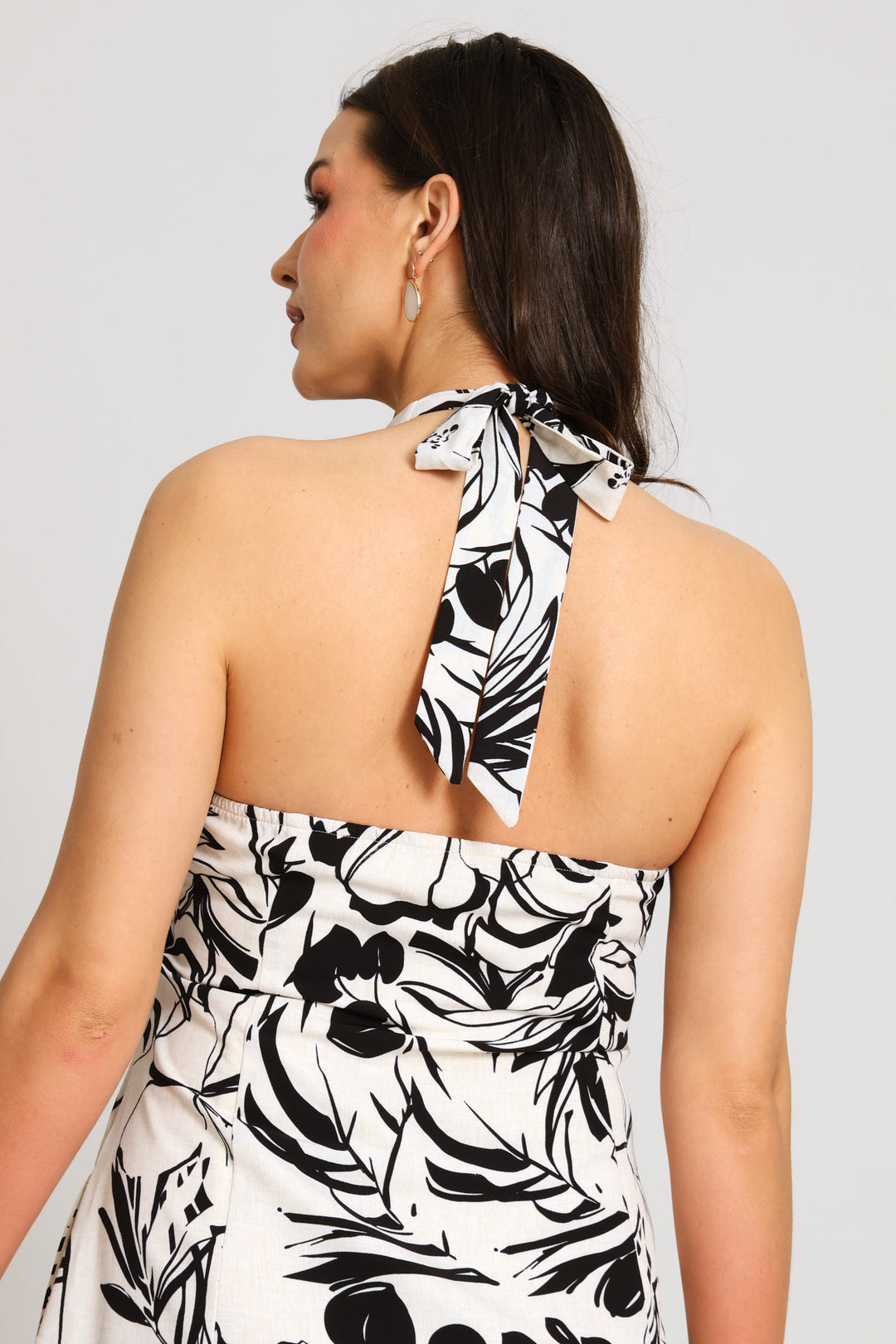 Halter Button Through Floral Midi Dress - Black/Cream