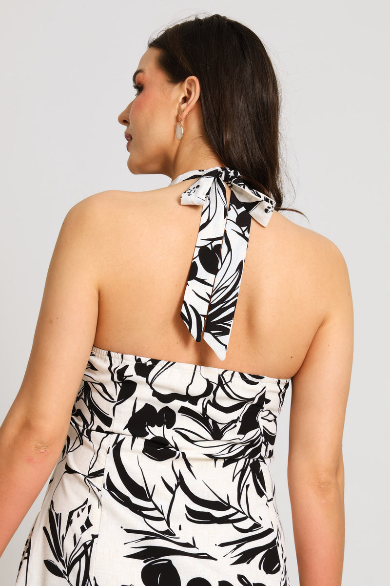 Halter Button Through Floral Midi Dress - Black/Cream