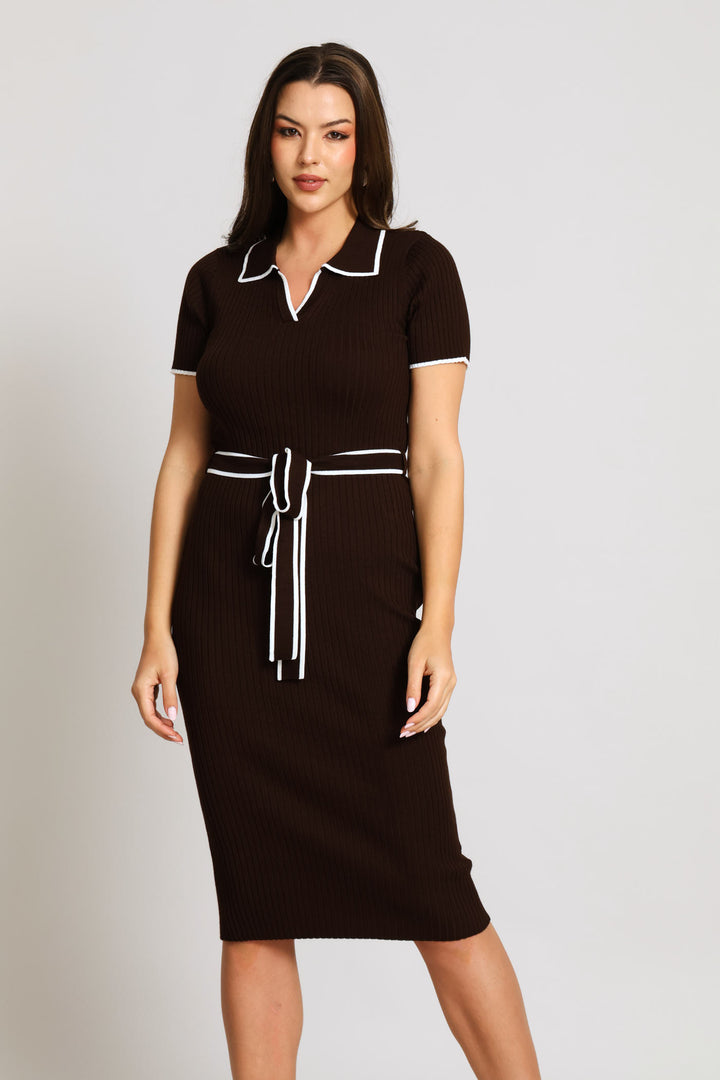Collar Tipped Knitwear Maxi Dress - Chocolate