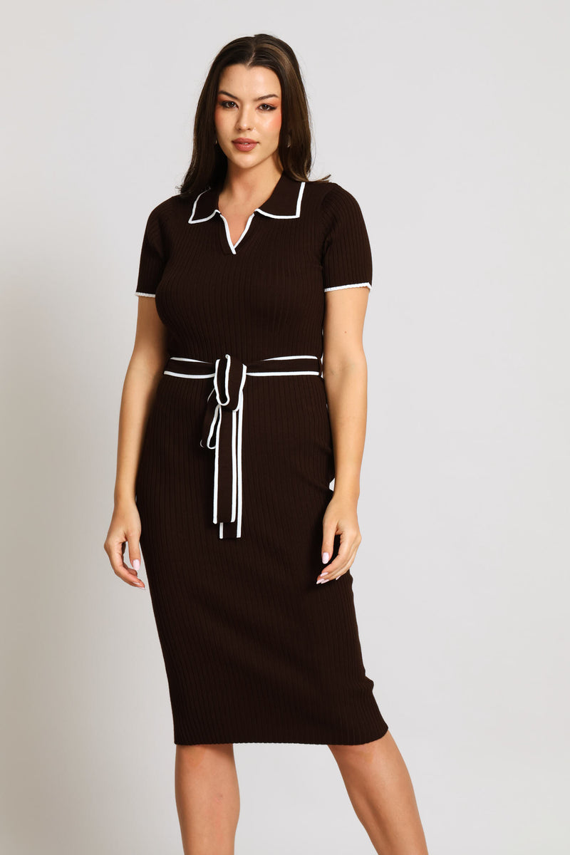 Collar Tipped Knitwear Maxi Dress - Chocolate