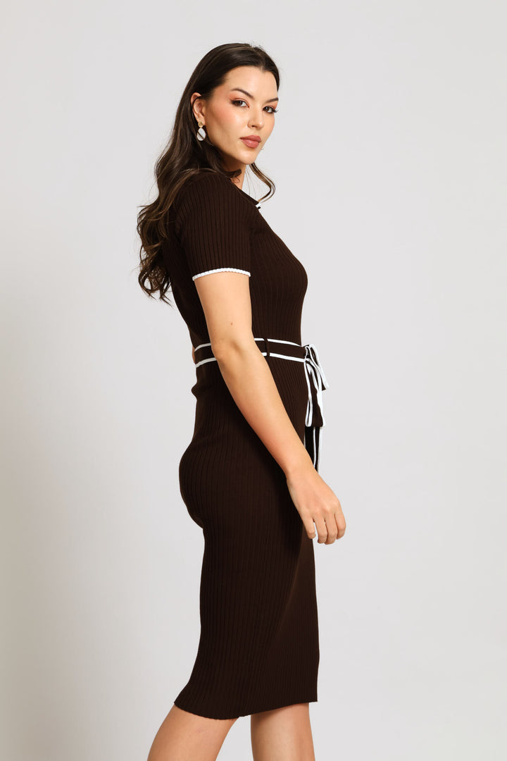 Collar Tipped Knitwear Maxi Dress - Chocolate