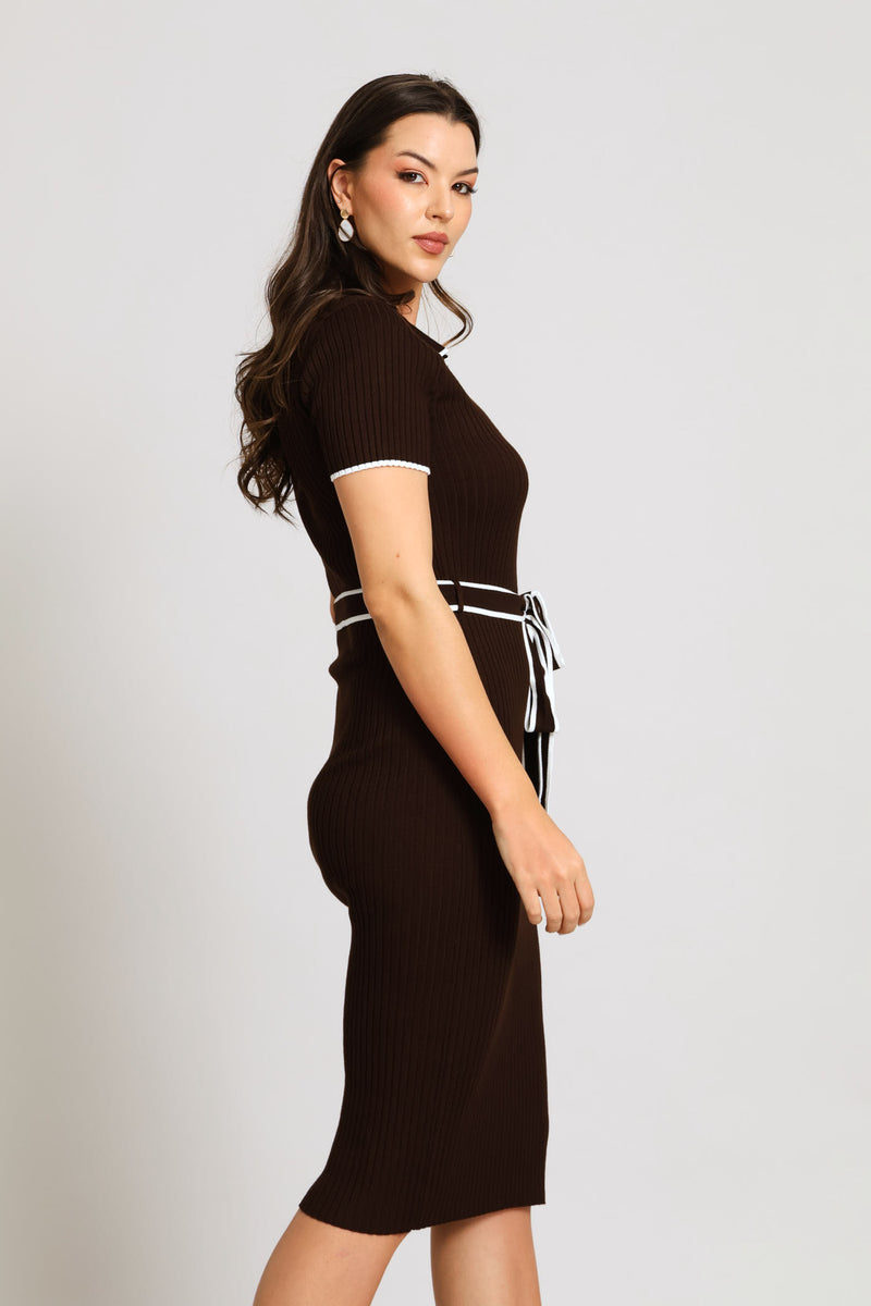 Collar Tipped Knitwear Maxi Dress - Chocolate