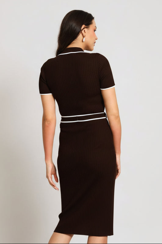 Collar Tipped Knitwear Maxi Dress - Chocolate
