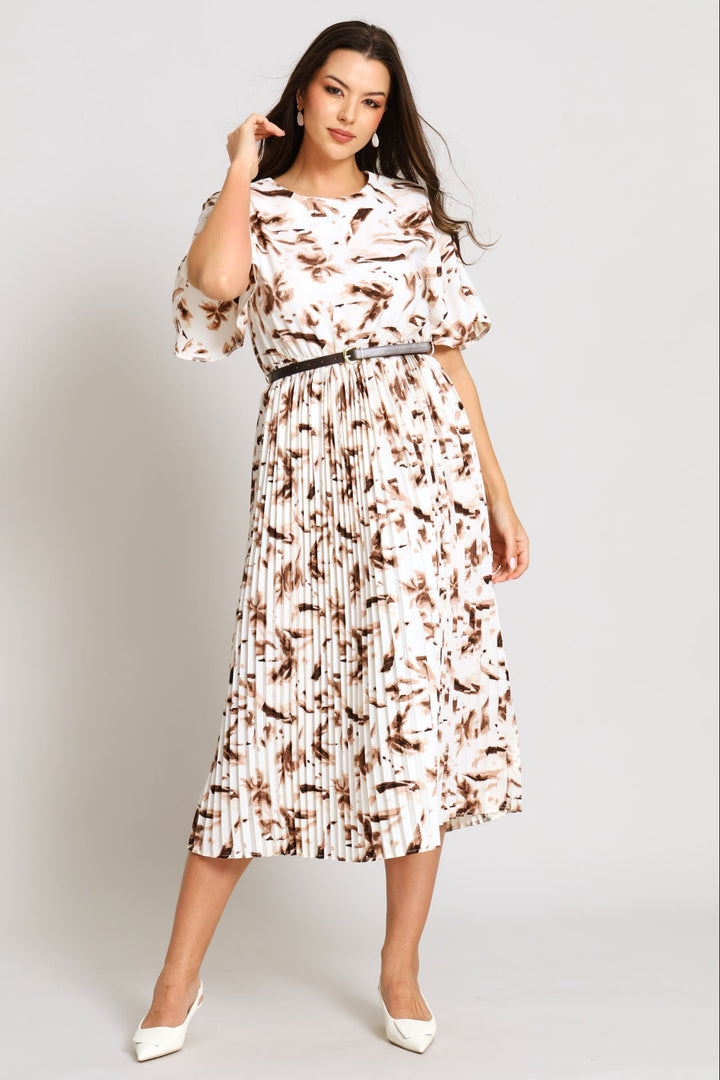 Belted Pleated Maxi Dress - Cream