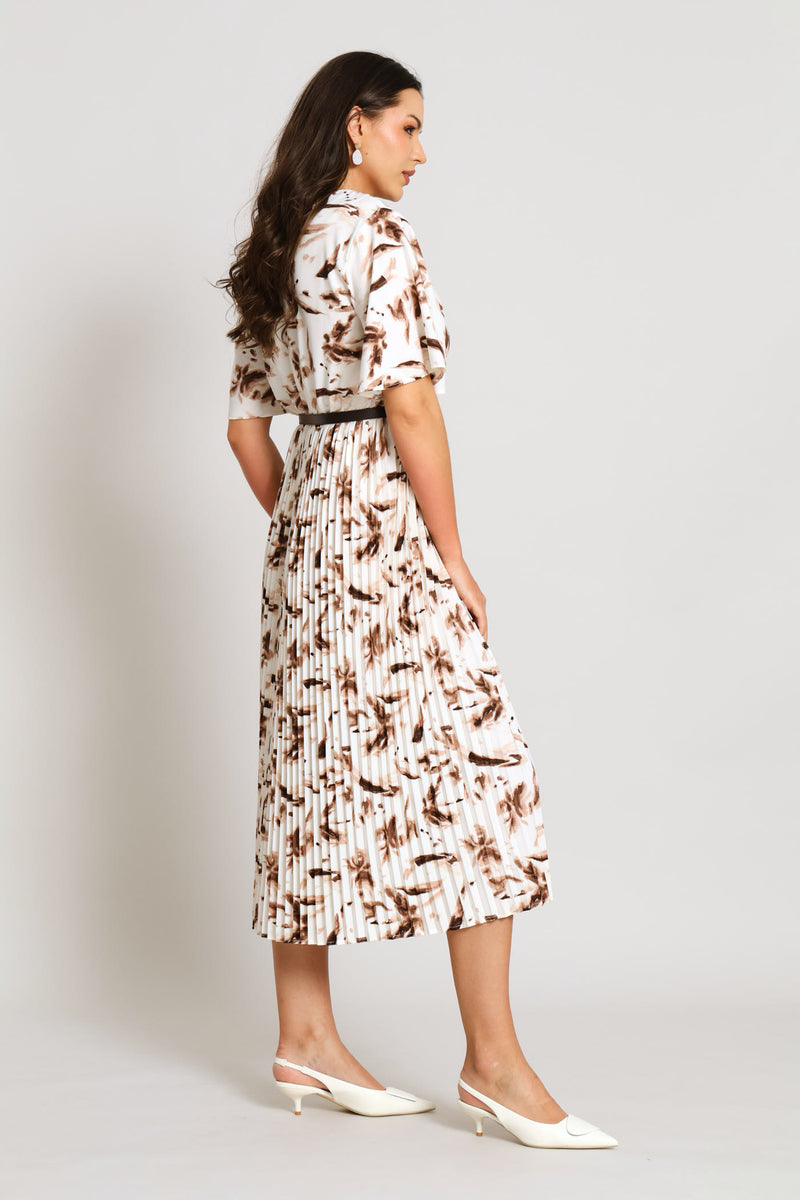 Belted Pleated Maxi Dress - Cream