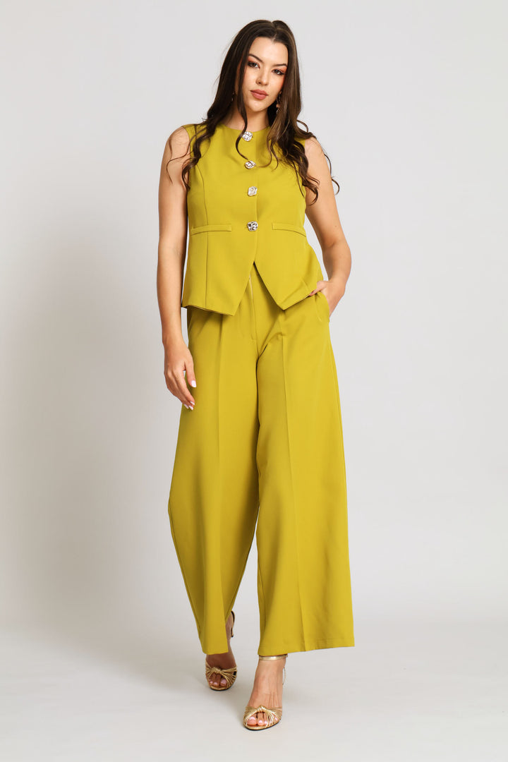 Notch Hem Fancy Button Waistcoat - Chartreuse
