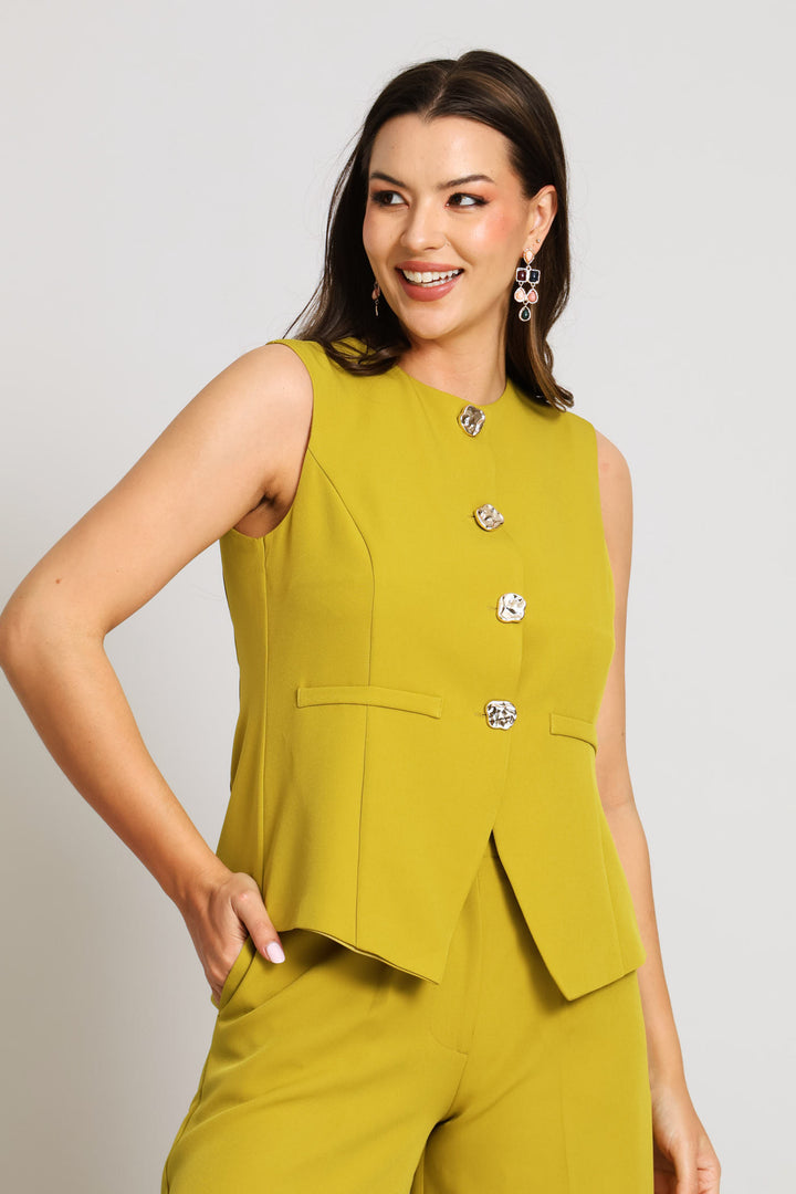 Notch Hem Fancy Button Waistcoat - Chartreuse