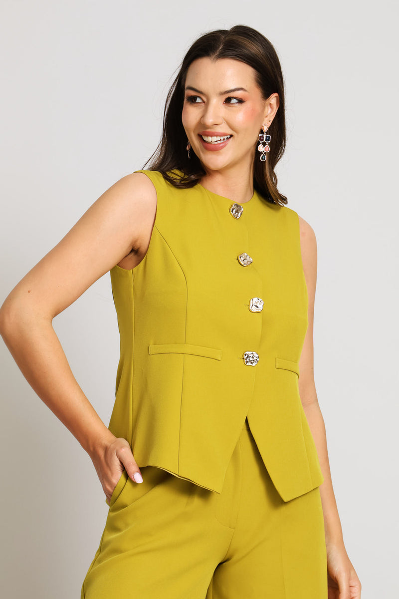 Notch Hem Fancy Button Waistcoat - Chartreuse