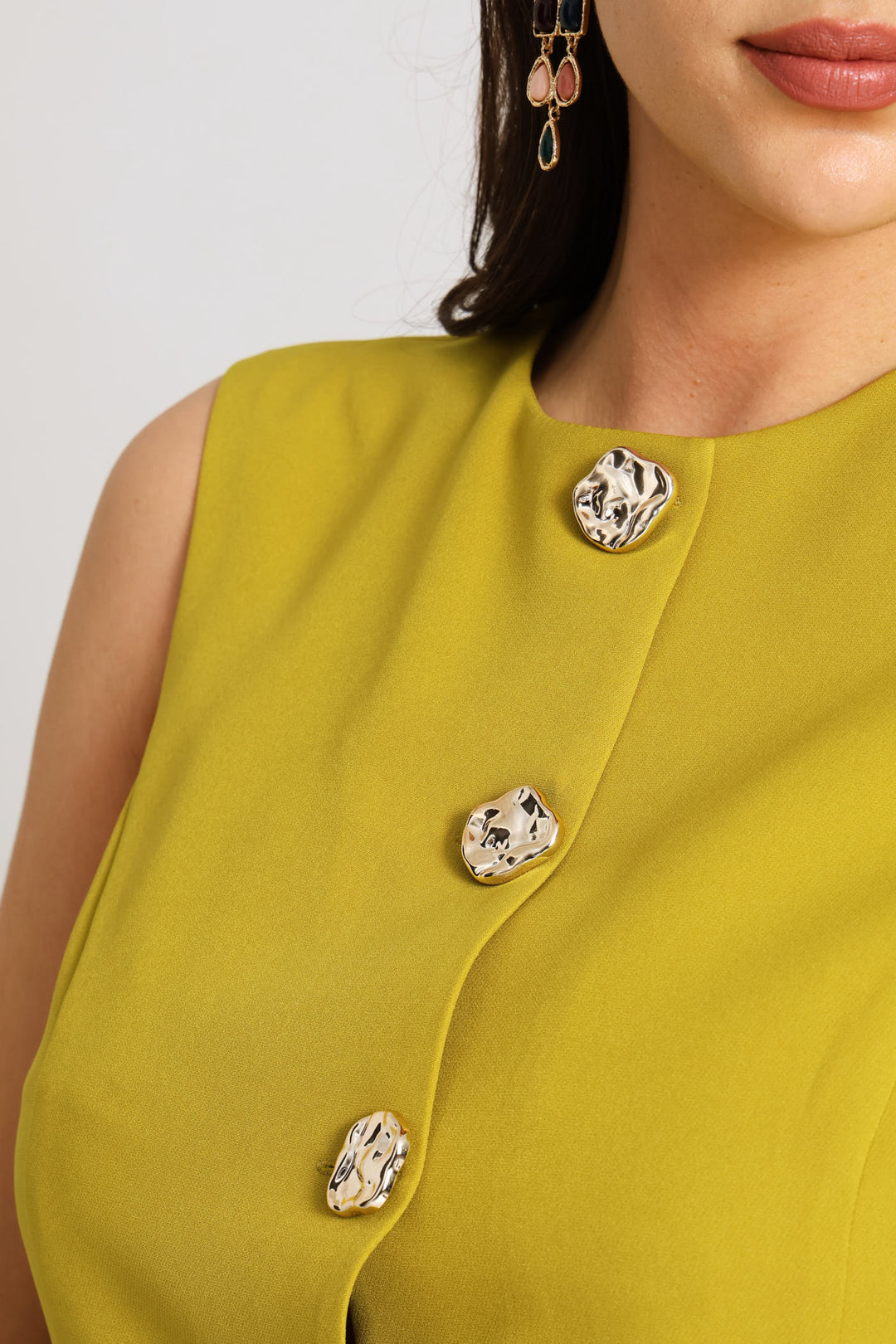 Notch Hem Fancy Button Waistcoat - Chartreuse