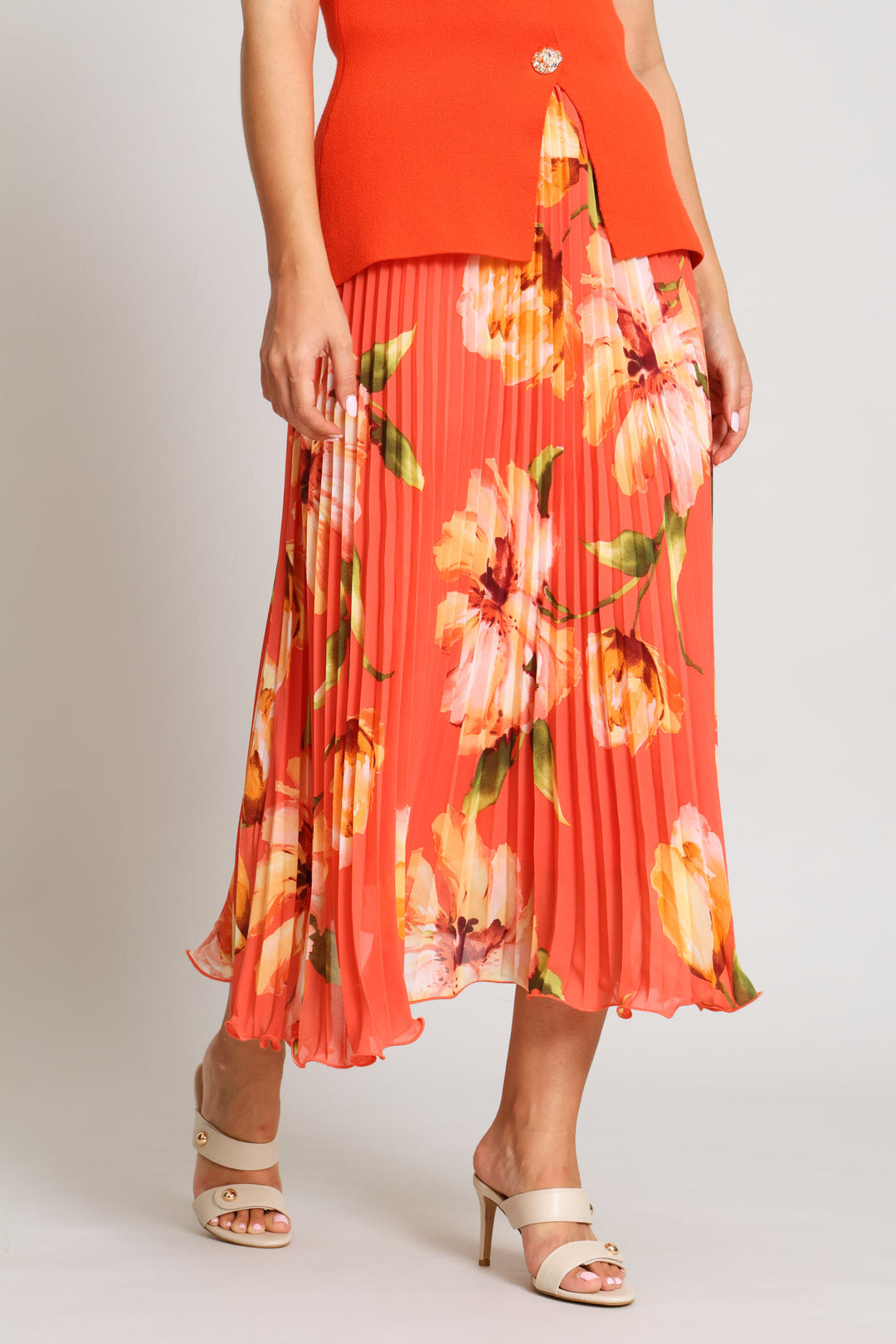Flared Hem Floral Pleated Maxi Skirt - Coral