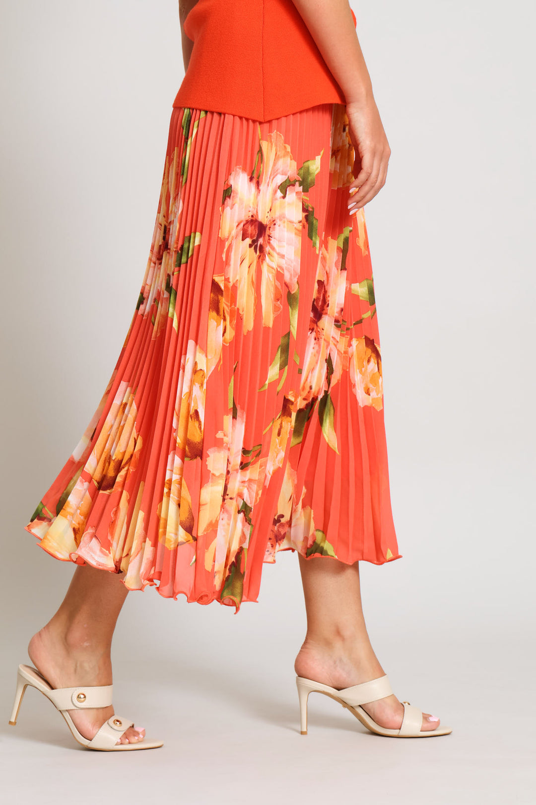 Flared Hem Floral Pleated Maxi Skirt - Coral