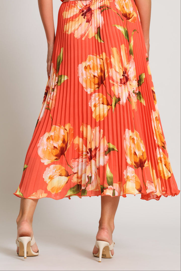Flared Hem Floral Pleated Maxi Skirt - Coral