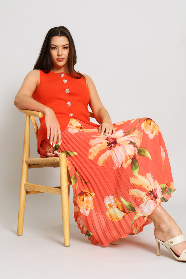 Flared Hem Floral Pleated Maxi Skirt - Coral