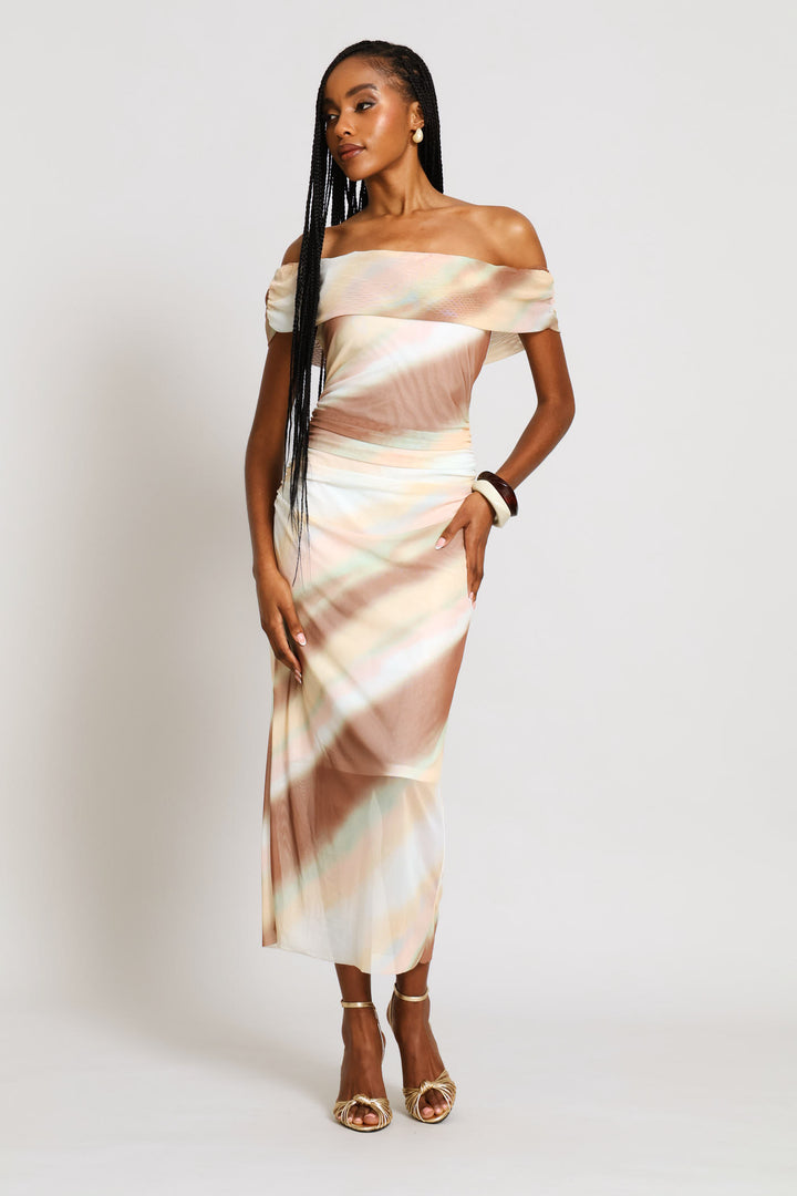 Off Shoulder Tie Dye Mesh Midi Dress - Multi