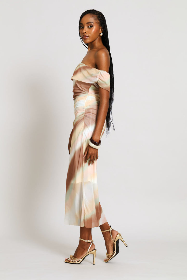 Off Shoulder Tie Dye Mesh Midi Dress - Multi