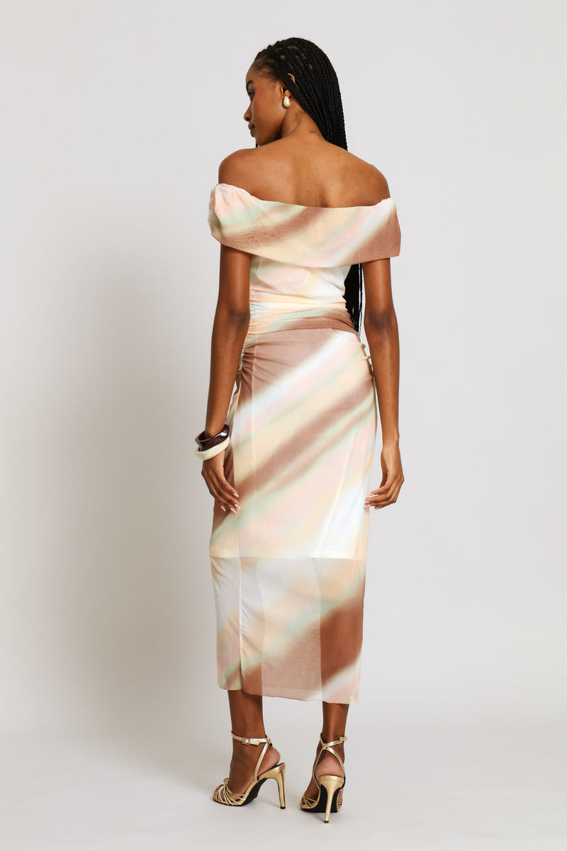 Off Shoulder Tie Dye Mesh Midi Dress - Multi