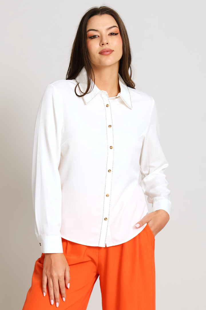 Diamante Satin Shirt - Cream