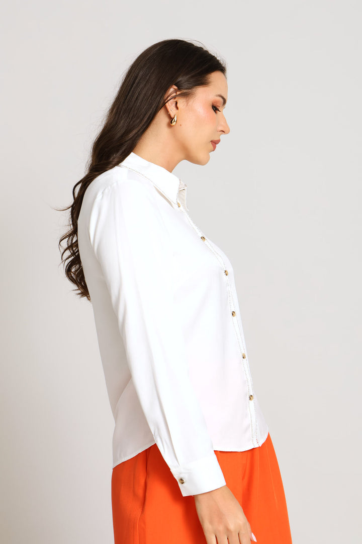 Diamante Satin Shirt - Cream