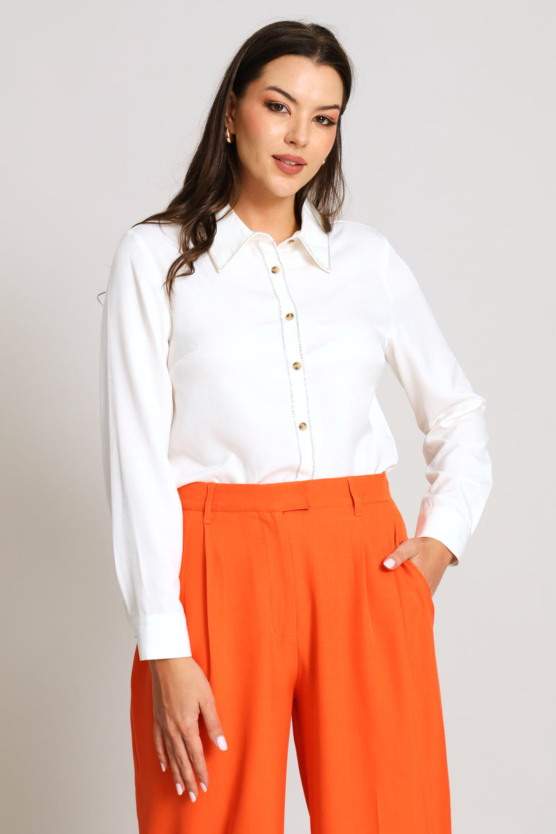 Diamante Satin Shirt - Cream