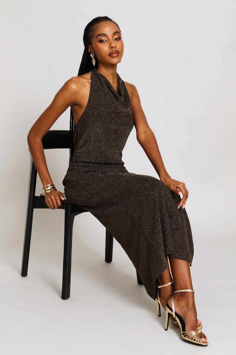 Slit Detail Shimmer Maxi Dress - Black/Gold