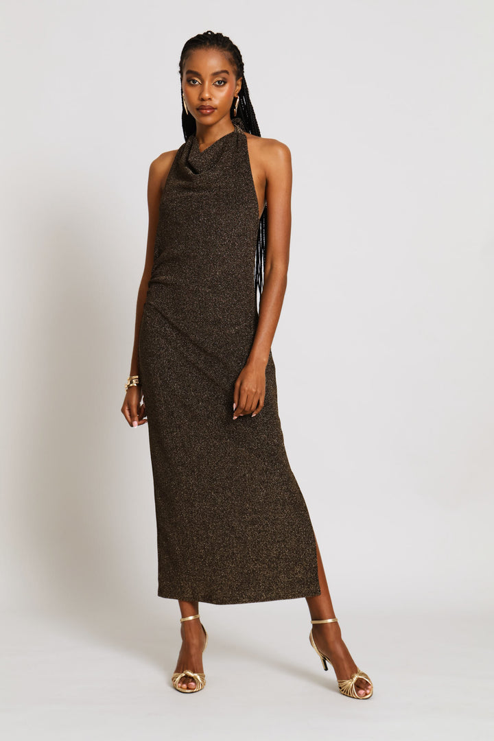 Slit Detail Shimmer Maxi Dress - Black/Gold