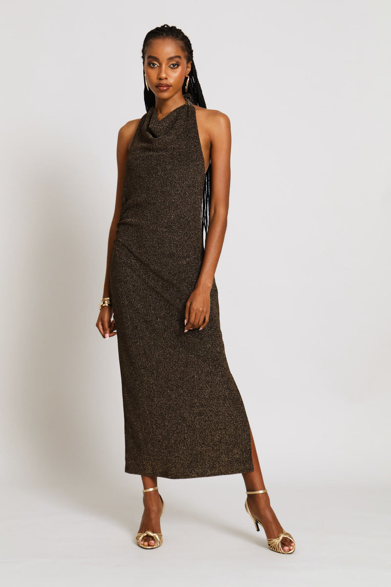 Slit Detail Shimmer Maxi Dress - Black/Gold