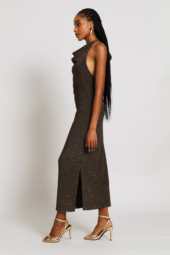 Slit Detail Shimmer Maxi Dress - Black/Gold