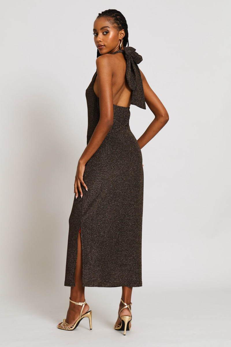 Slit Detail Shimmer Maxi Dress - Black/Gold