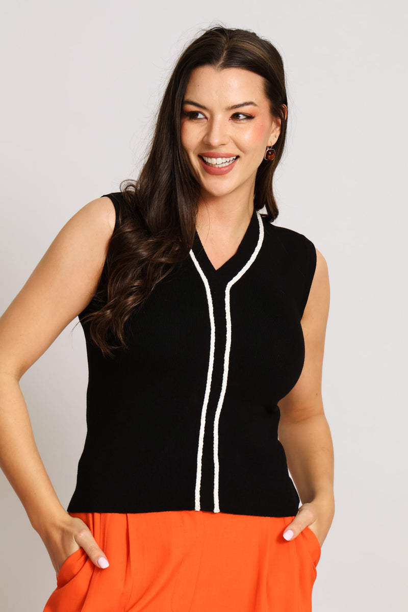 V-Neck Contrast Tank - Black/Cream