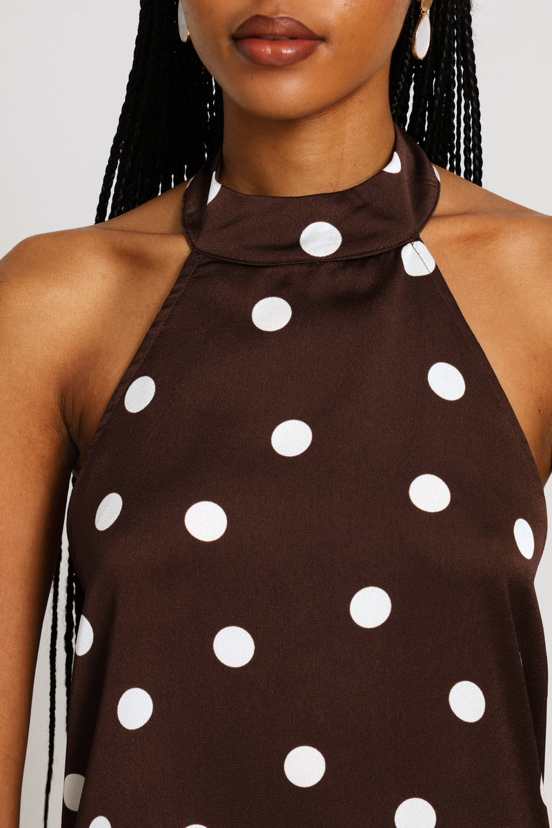 Halter Poka Dot Satin Dress - Chocolate