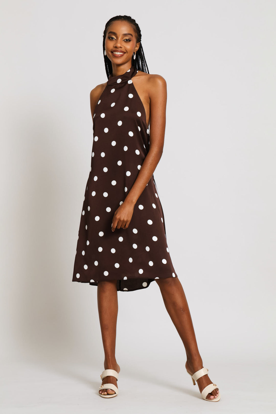 Halter Poka Dot Satin Dress - Chocolate