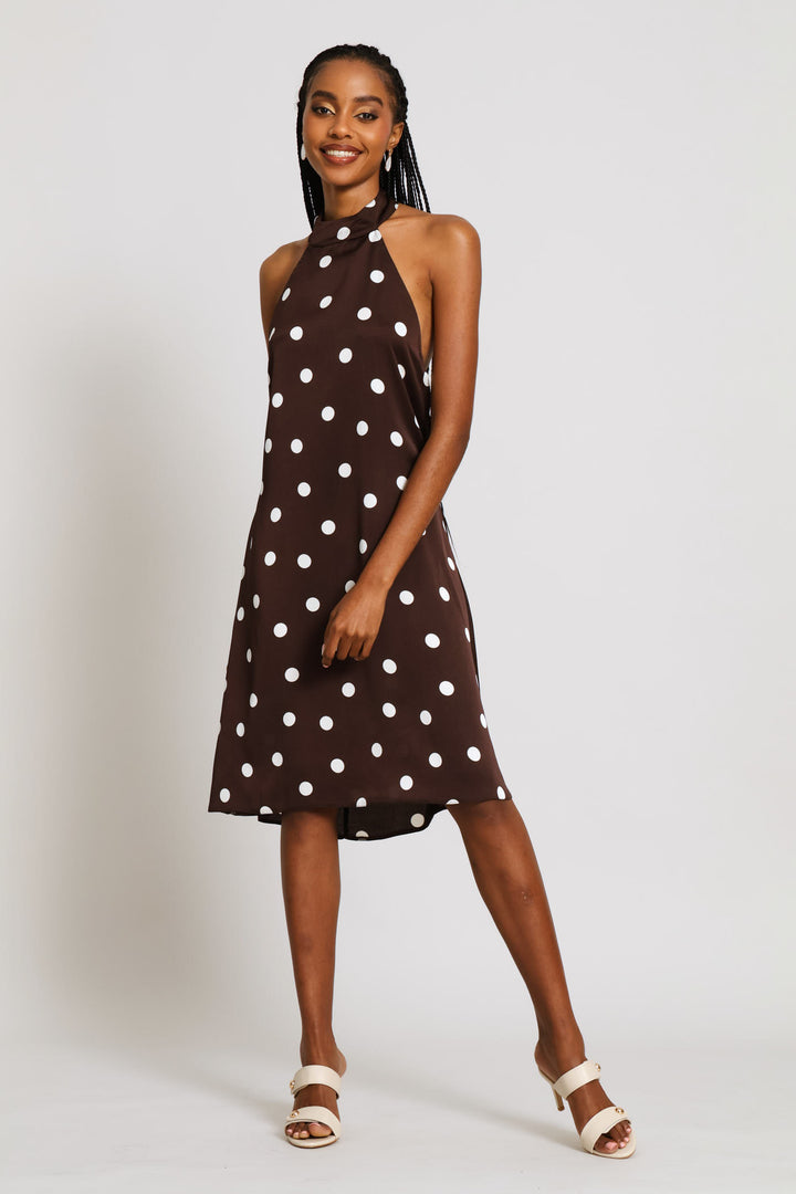 Halter Poka Dot Satin Dress - Chocolate