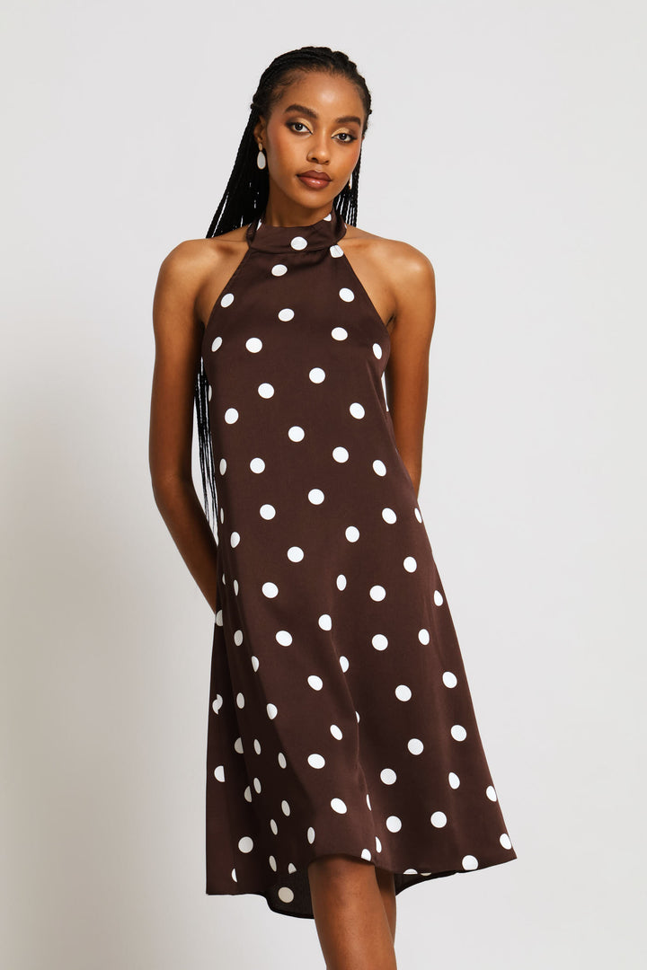 Halter Poka Dot Satin Dress - Chocolate