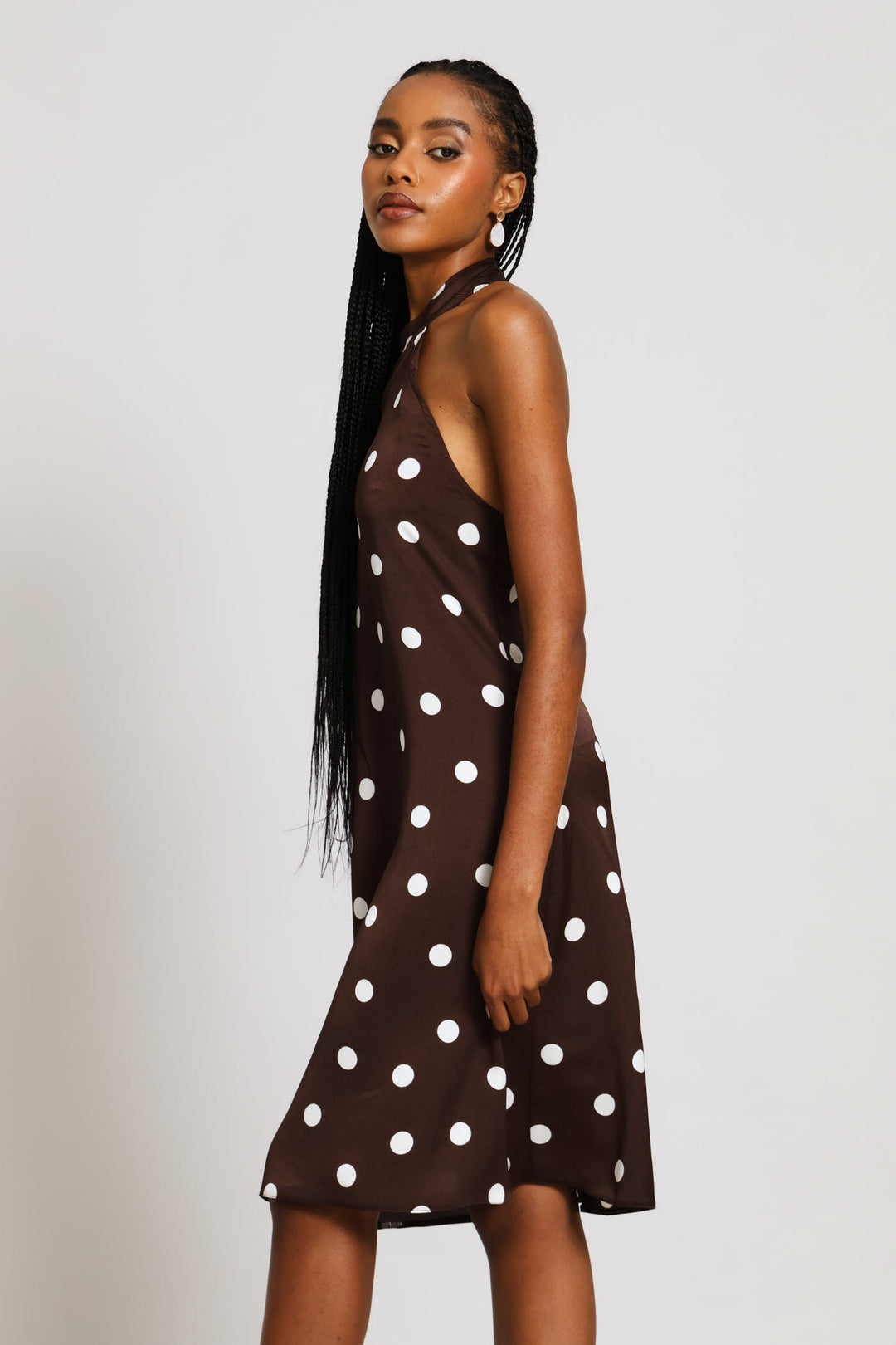Halter Poka Dot Satin Dress - Chocolate