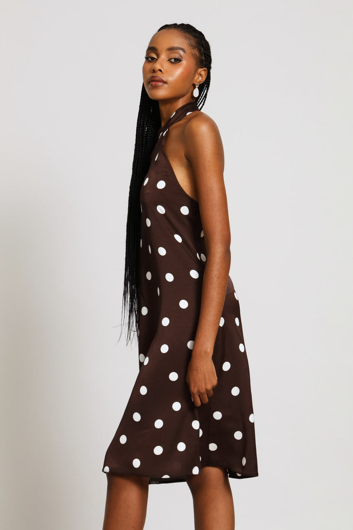 Halter Poka Dot Satin Dress - Chocolate