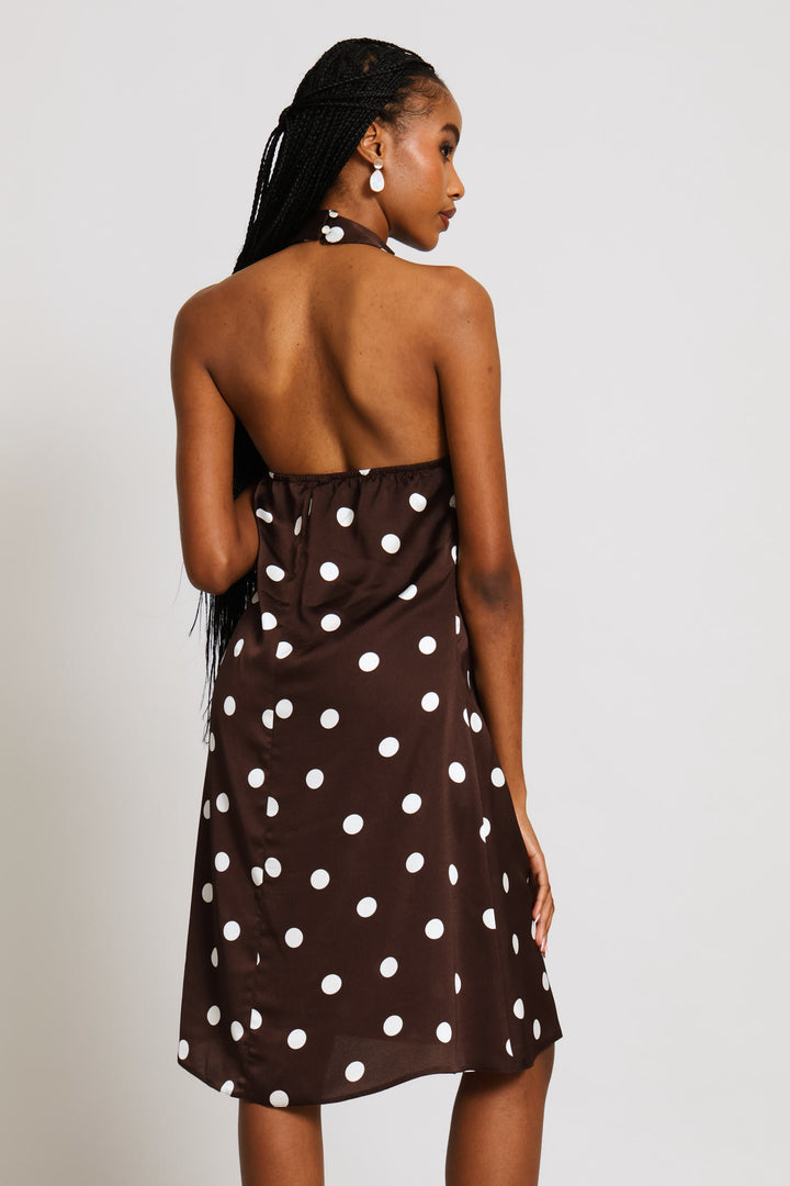Halter Poka Dot Satin Dress - Chocolate