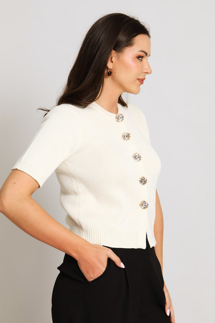Fancy Button Textured Cardigan - Cream