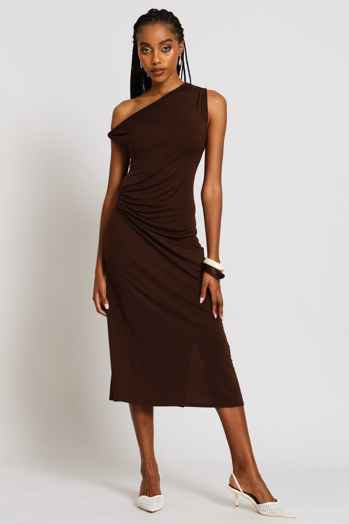 Twist Shoulder Midi Dress - Chocolate