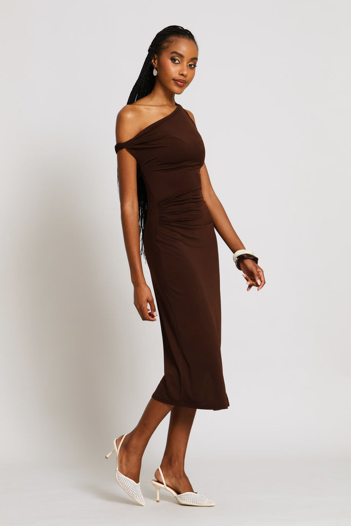 Twist Shoulder Midi Dress - Chocolate