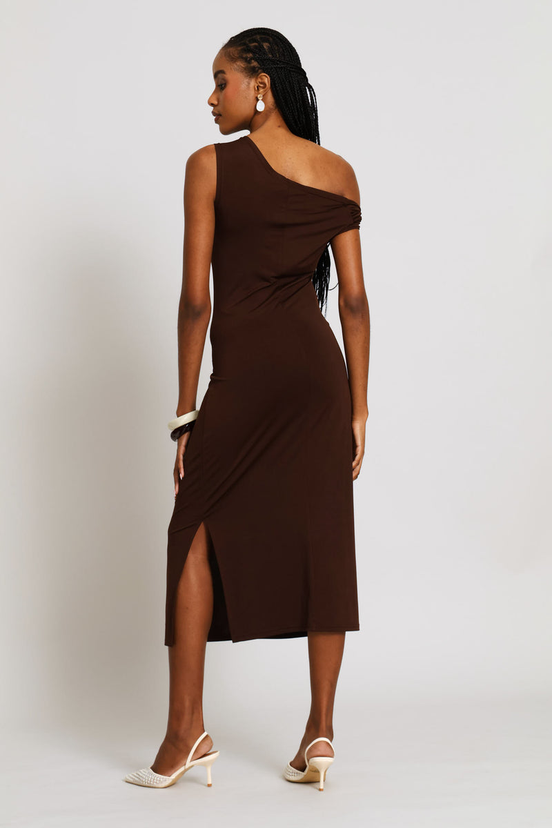 Twist Shoulder Midi Dress - Chocolate