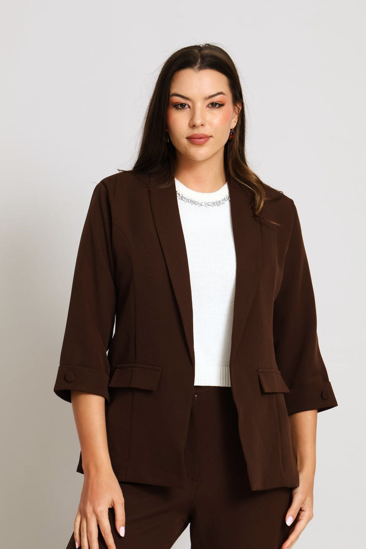 Button Turn Up Blazer - Dark Chocolate
